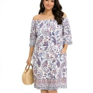 CATO Size Medium Pink Blue Paisley Smocked Off Shoulder Lined Shift Dress Pocket